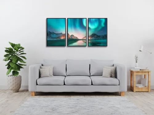 Vista 4 de DEKWINN Arte de pared enmarcado grande con estrellas y luces polares, arte de pared de paisaje nocturno de invierno con aurora, impresiones modernas