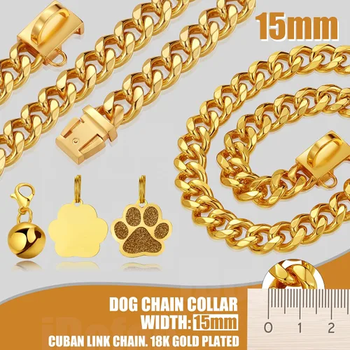 Vista 3 de Collar de cadena para perro de 0.59 pulgadas/0.79 pulgadas de grosor, con hebilla de liberación rápida, collar de cadena de oro de 18 quilates