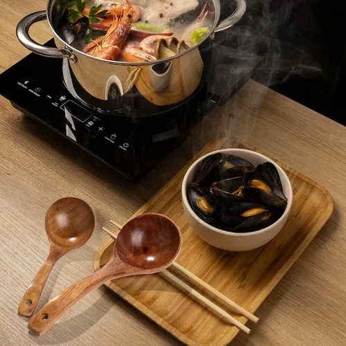 Vista 7 de EORTA Juego de 2 cucharas de madera para cocinar, 2 tamaños, cucharón profundo, salsas de madera natural, gachas de avena, cubiertos de sopa