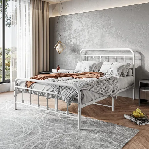 Vista 8 de Base de cama de tamaño individual vintage con cabecera y estribo, plataforma de metal resistente, soporte de listones de acero