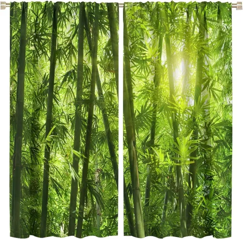 Vista 71 de Cortinas con estampado de bambú, tallos y hojas de bambú, temática oriental natural, oscurecimiento de habitación, ventana, ventana, cortina