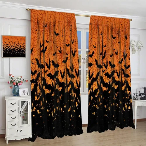 Vista 4 de Cortinas de Halloween naranja y negro de telaraña para sala de estar y dormitorio, decoración de panel de cortina de puerta para decoración