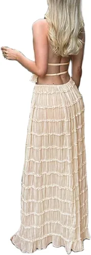 Vista 3 de Conjunto de falda Y2K para mujer, sin tirantes, ombliguera entallada, falda midi, vestido sexy de 2 piezas, falda de punto, falda de verano