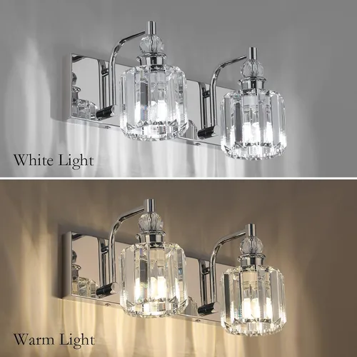 Vista 3 de Ralbay - Luces de tocador de cristal, 2 luces, modernas lámparas de cromo de cristal para iluminación de baño, para usar sobre el espejo