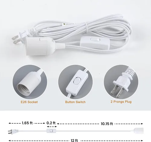 Vista 5 de Simple Deluxe Cable de extensión de linterna colgante, enchufe E26 con botón de encendido/apagado, 12 pies, color blanco, 1 paquete