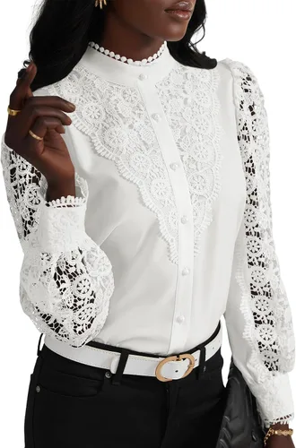 Vista 12 de Rooscier Blusa Elegante de Encaje de Crochet con Cuello Alto Simulado de Manga Larga con Botones para Mujer Top