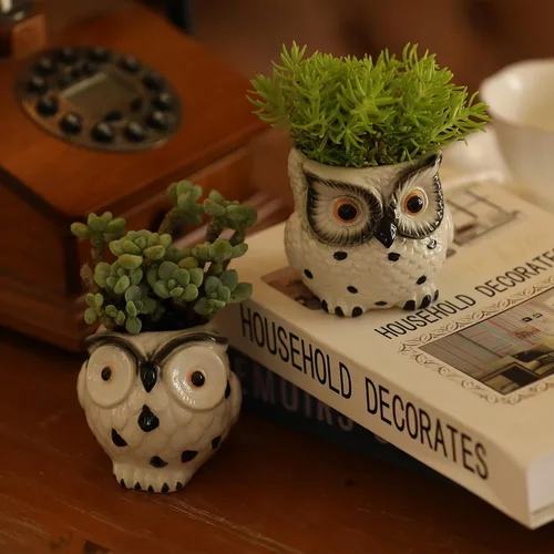 Vista 5 de Macetas de cerámica de búho, mini macetas de 3 pulgadas con soporte para lápiz de drenaje, bonita decoración, maceteros de flores, embalaje