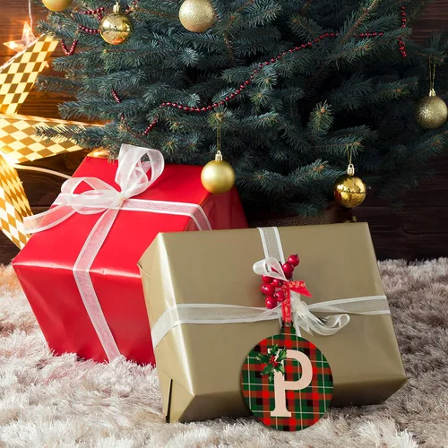 Vista 5 de Adorno de madera contrachapada redondeada de 3.75 pulgadas, personaliza la bolsa y caja de regalo con etiqueta de nombre decoración de Navidad