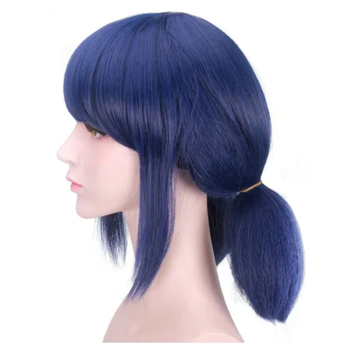 Vista 3 de DAZCOS Peluca de cosplay de anime para niñas y mujeres, cabello azul con cuerda roja