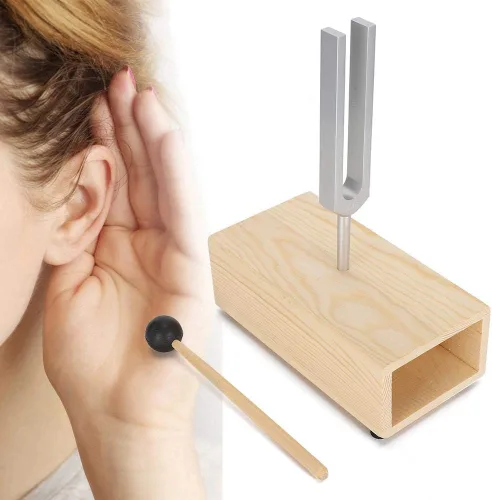 Vista 4 de Diapasón, martillo de diapasón, diapasón de afinación 440Hz, herramientas de percusión, martillo de madera, herramienta de sonido. Estante