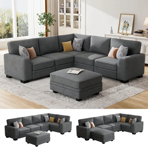 Vista 11 de Legend Vansen Sofá modular de gran tamaño, sofá reversible en forma de U con otomana, sofá de pana de asiento profundo para sala de estar, 6 plazas