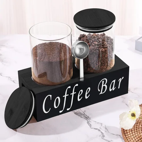 Vista 7 de ZOMUIA Rustic Modern Black - 2 tarros pequeños de almacenamiento de café de 44 onzas con estante, 2 recipientes de café de vidrio herméticos