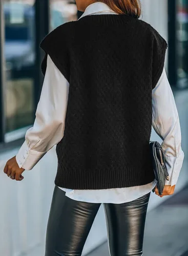 Vista 3 de Dokotoo Suéter chaleco para mujer, suéter de punto con cuello en V, suéteres de gran tamaño, sin mangas, camisetas sin mangas