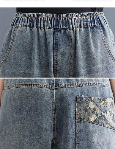 Vista 6 de LAI MENG FIVE CATS Pantalones vaqueros sueltos para mujer, pantalones harén con cintura elástica con bolsillo