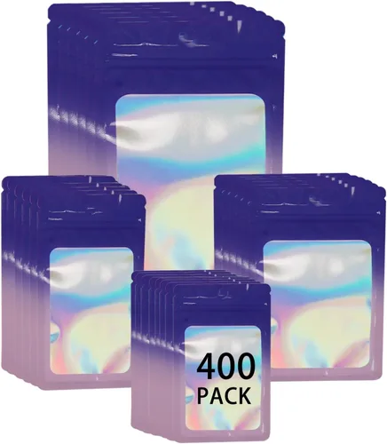 Vista 16 de Paquete de 400 bolsas holográficas de Mylar resellables de 4 tamaños, bolsas para almacenamiento de alimentos, a prueba de olores, con ventana