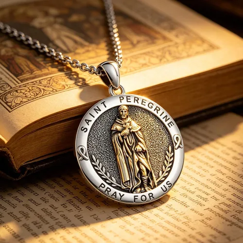 Vista 2 de Collar de amuleto de medalla de San Patrono de plata/oro de 14 39A-St Peregrino-Plata