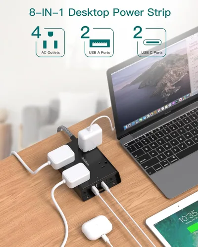 Vista 3 de Protección contra sobretensiones Addtam, cable de extensión de enchufe plano de 5 pies con 4 cargadores de pared USB (2 puertos USB C), 4 tomas