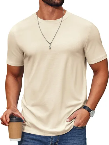 Vista 14 de COOFANDY Camiseta de manga corta para hombre, de mezcla de algodón, cuello redondo, informal, para verano, básica Verde militar