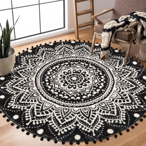 Vista 10 de Uphome Alfombra Redonda Pequeña de 2' Boho Beige y Gris Alfombra de Baño con Pompones y Flecos Lavable Mandala Círculo Tapete de Ducha Suave Mandala