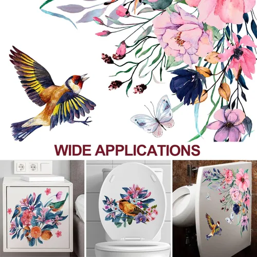 Vista 3 de 3 calcomanías autoadhesivas de pared para asiento de inodoro, diseño floral rosa y morado, diseño de pájaros y flores, para bricolaje, ramo