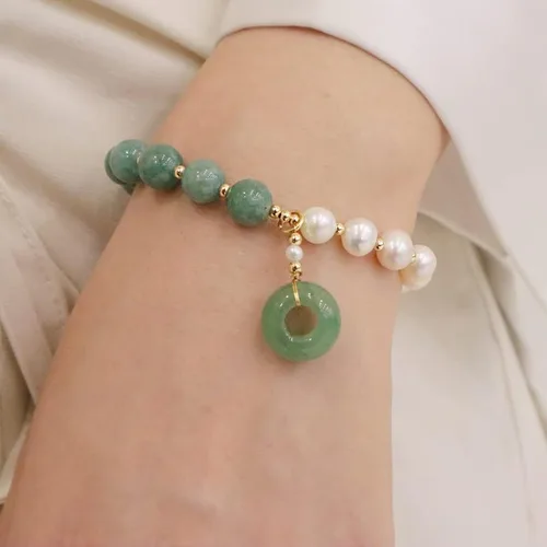 Vista 3 de Pulsera de perlas de jade de oro de 14 quilates, pulsera elástica con cuentas de perlas, regalo de joyería de cumpleaños para esposa, novia