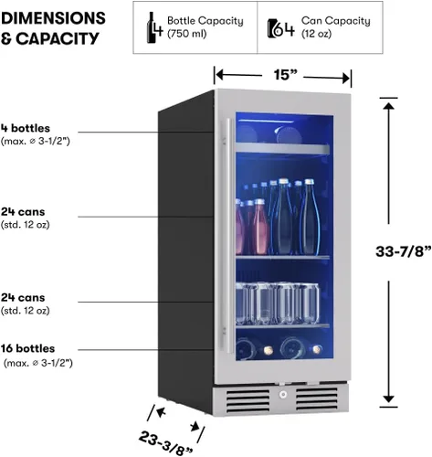 Vista 3 de Zephyr Presrv - Refrigerador delgado de vino y bebidas de 15 pulgadas, zona única bajo encimera, mini enfriador de vino estrecho, pequeño gabinete