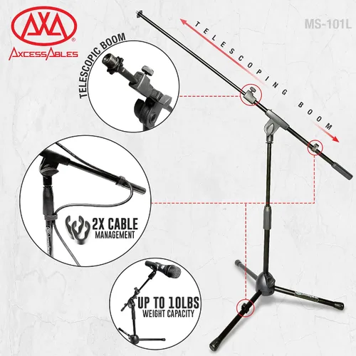Vista 3 de AxcessAbles - Soporte corto para micrófono con brazo telescópico de 34 pulgadas, trípode de micrófono de perfil bajo para batería y amplificadores