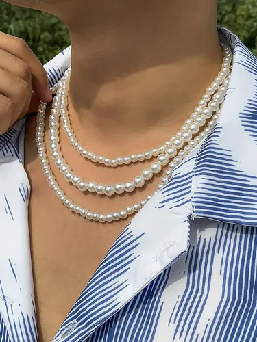 Vista 4 de Long tiantian Collar de perlas para hombres y adolescentes de moda, gargantilla de perlas blancas de 0.315 pulgadas para mujer, collar de perlas