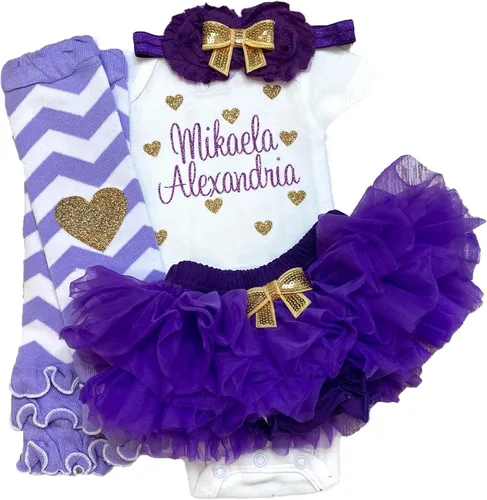 Vista 9 de Traje personalizado de baby girl para baby shower, con nombre personalizado con purpurina y corazón, tutú con diadema y calentadores de piernas