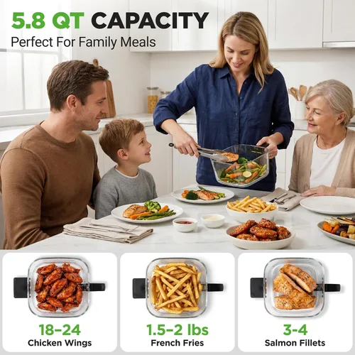 Vista 6 de NutriChef Freidora de aire de 5.8 cuartos de galón, freidora de aire de vidrio con preajustes digitales 8 en 1, diseño de freidora de acero Blanco