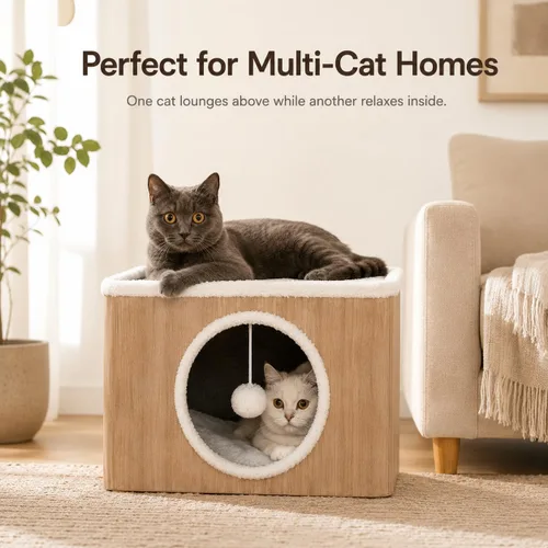 Vista 5 de Casa de condominio para gatos con cojines reversibles y bola esponjosa colgante, cubo plegable para gatos, cama cueva grande para gatitos