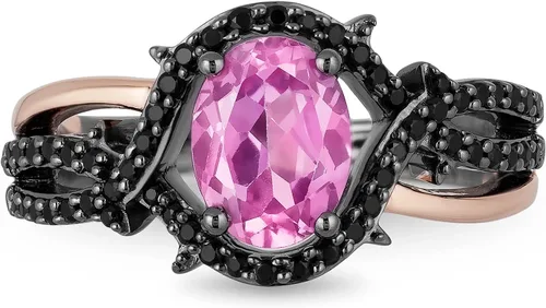 Vista 3 de Jewelili Enchanted Disney Fine Jewelry - Anillo de oro rosa de 14 quilates sobre plata esterlina con rodio negro ovalado zafiro rosa creado y 14