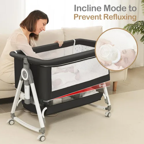 Vista 6 de Cuna para bebé, moisés junto a la cama, cuna de 4 en 1 con ruedas con cerradura, mosquitera, cuna portátil plegable ajustable para recién nacido