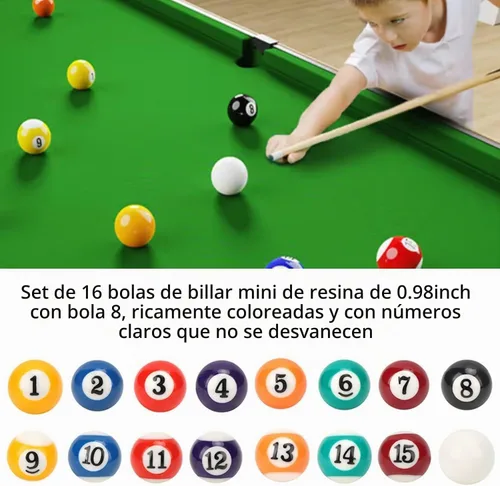 Vista 4 de Juego de 16 mini bolas de billar de 0.98 pulgadas, mini bolas de billar de resina con 8 colores para diversión familiar, entretenimiento
