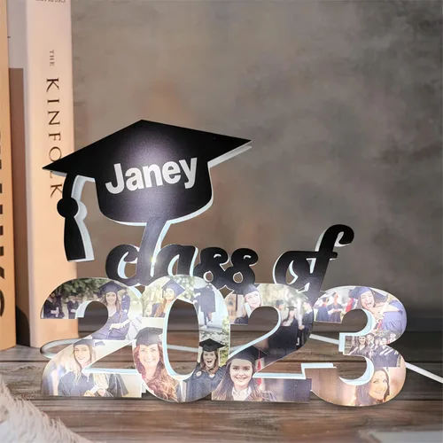 Vista 4 de Luces de pared personalizadas para collage de fotos de 1 a 10 años, gorra de graduación, luz acrílica, decoraciones de temporada de graduación