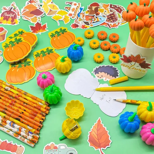 Vista 4 de Cinrobiye 122 piezas de calabazas de otoño, regalos de fiesta, suministros de fiesta de hoja de arce, Día de Acción de Gracias, juego de papelería