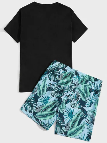 Vista 46 de GORGLITTER Conjunto de 2 piezas de camiseta gráfica de manga corta para hombre, estampado hawaiano con cordón y pantalones cortos