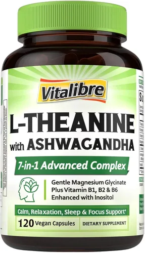 Vista 9 de Vitalibre Suplemento de teanina L de 200 mg L-teanina 7 en 1 con glicinato de magnesio, Ashwagandha, inositol, vitamina B1 B2 B6 Sin gluten