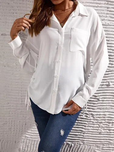 Vista 3 de OYOANGLE Blusa de maternidad para mujer, con bolsillo frontal, manga larga, dobladillo con cordón