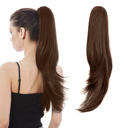 Vista 29 de Extensión de Cola de Caballo, Extensión de Cabello con Garra Larga de 20", Piezas de Cabello Sintético Ondulado Liso con Clip en Peluca de Cola