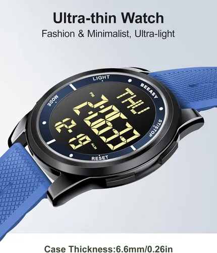 Vista 87 de Beeasy - Reloj digital de pulsera resistente al agua con cronómetro, alarma, cuenta regresiva, doble zona horaria, ultrafino, pantalla angular muy