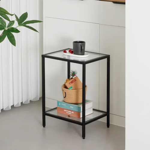Vista 6 de Gawicpy Moderna mesa auxiliar de vidrio templado de 2 niveles, elegante mesa auxiliar de metal negro para espacios pequeños, perfecta para sala