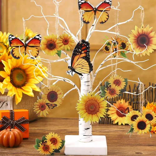 Vista 3 de Qunclay 36 piezas de decoración de árbol de girasol, adornos de madera de verano, flores amarillas de primavera, mariposa, adorno colgante de madera