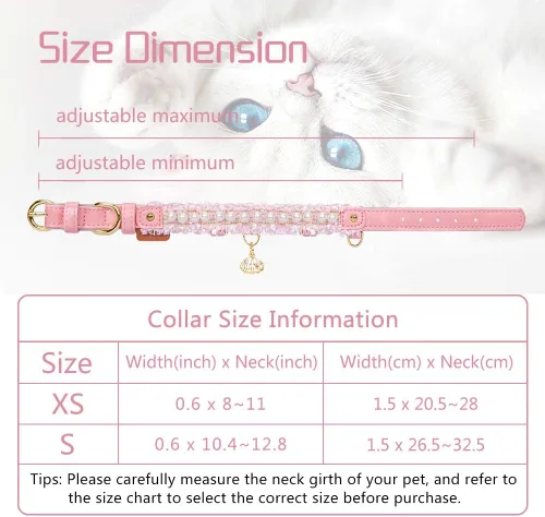 Vista 7 de Collar Premium de Cuero PU para Gato y Perro con Colgante de Concha - Ajustable, Perla Linda, Encaje Hermoso, Rosa Pequeña