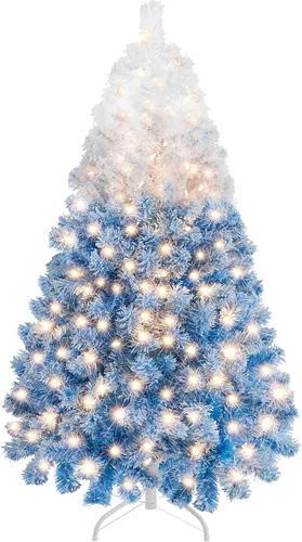 Vista 16 de Yaheetech - Árbol artificial de Navidad preiluminado de 9 pies con luces incandescentes de color blanco cálido, árbol de Navidad con flecos de Verde
