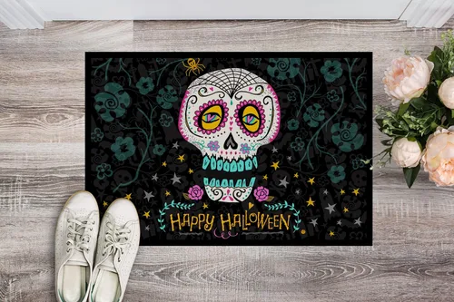 Vista 2 de Caroline's Treasures VHA3035MAT Felpudo con el Día de los Muertos con Feliz Halloween, 18 x 27 pulgadas, para interiores y exteriores, para entrada