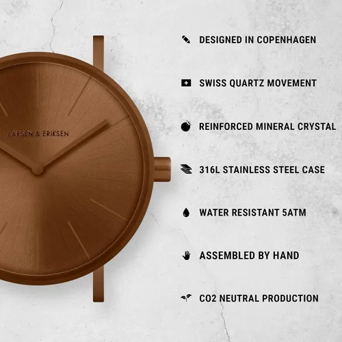 Vista 2 de Larsen & Eriksen Essentiel Reloj de pulsera analógico minimalista de cuarzo 1.535in Resistencia al agua 5 ATM Diseño danés Ensamblado a mano