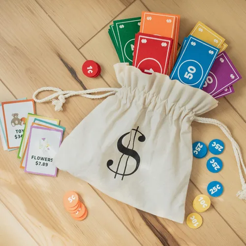 Vista 4 de Good Ground Juego de simulación para niños de fieltro educativo Montessori juguete dólares billetes monedas, billetera, juego de conteo para niños