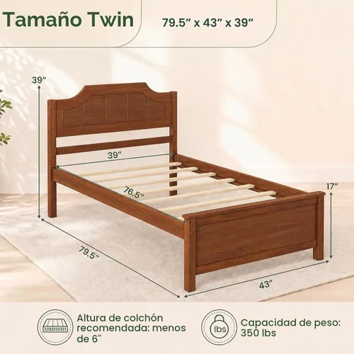 Vista 2 de KOMFOTT Marco de cama de tamaño individual con cabecero, cama de plataforma Nogal