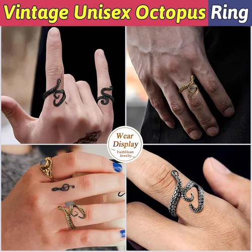 Vista 6 de FaithHeart Anillo de tentáculo de pulpo, unisex, de pez diablo, anillos punk, para hombres y mujeres, acero inoxidable, chapado en oro de 18